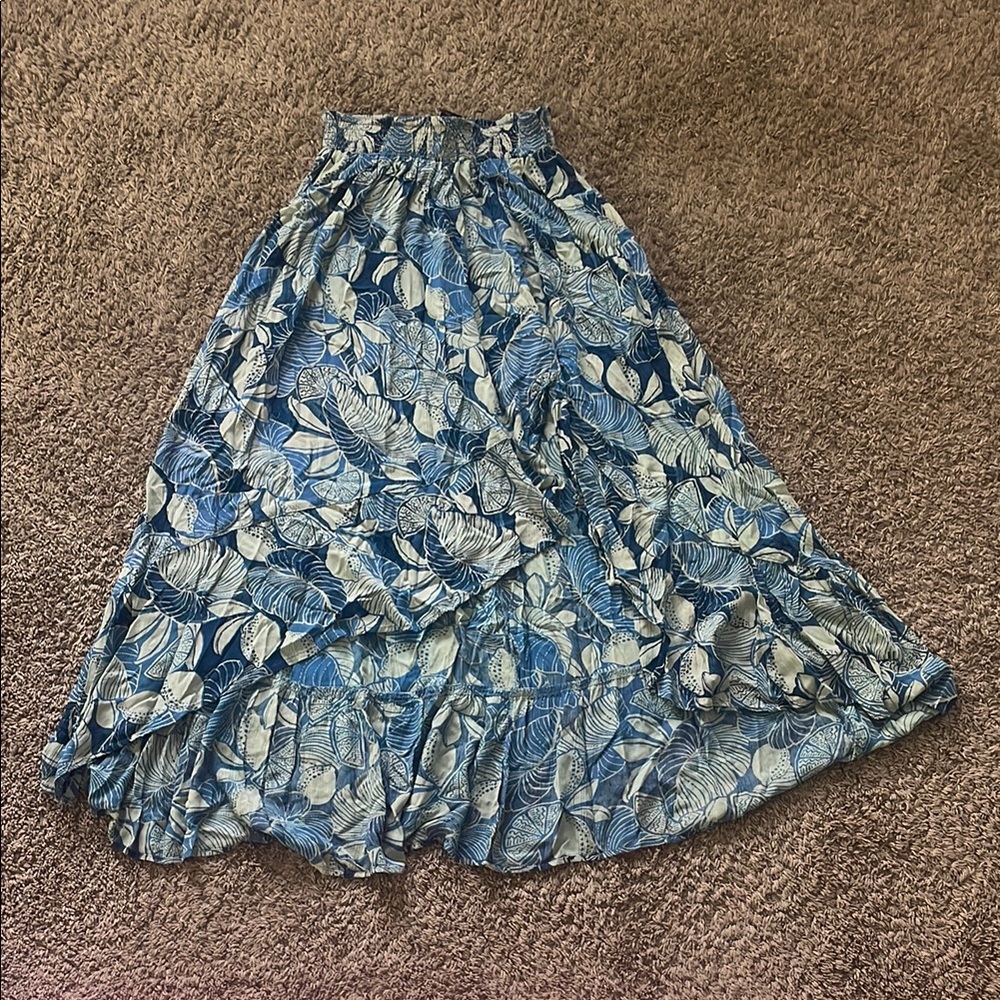 Angie Blue and White Maxi A-Line Skirt with Ruffled High-Low Hem